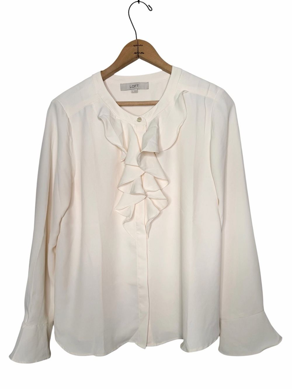 Loft Cream Ruffle Button Front Tulip Cuff Blouse Size Medium